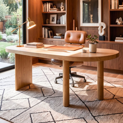 Easy Assembly Oval Solid Wood Executive Writing Desk, 3 Thick Solid Wood Legs Work Table with Rounded Anti-Collision Edge, Waterproof Scratch Resistant Home Office Desk