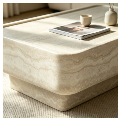 Table basse 31,5 po en fibre de verre avec finition en travertin, base centrale encastrée à profil bas pour salon, pré-assemblée