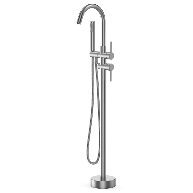 Robinet de baignoire avec douche à main, robinet de baignoire à fixation au sol avec robinet mélangeur haut débit, système de robinet de douche sur pied, joint d'huile brossé rond à double poignée FF012