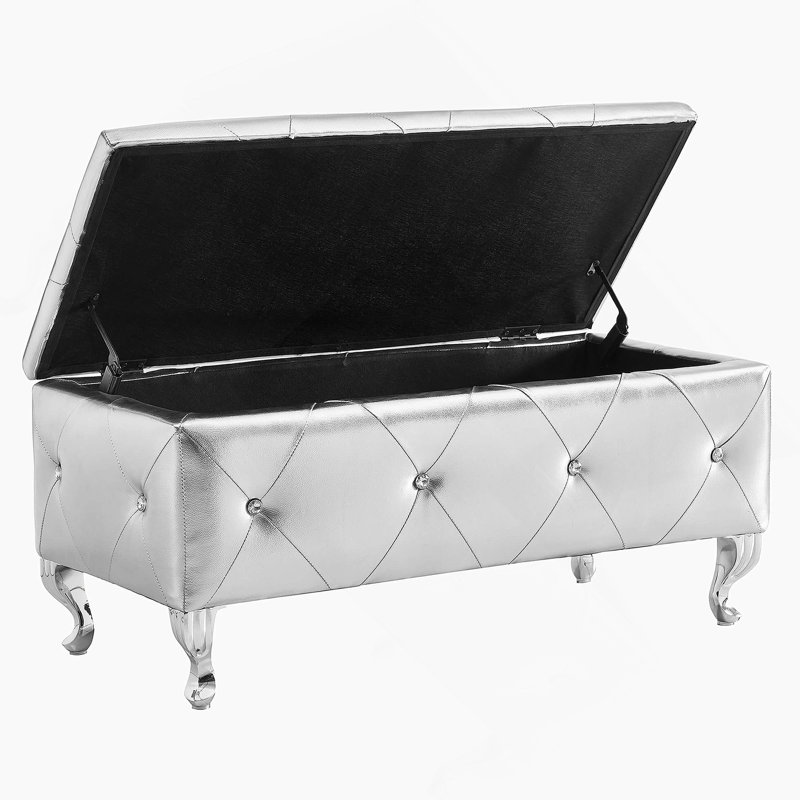 Upholstered Storage Ottoman Bench For Bedroom End Of Bed Faux Leather Rectangular Storage Benches Footrest With Crystal Buttons For Living Room Entryway