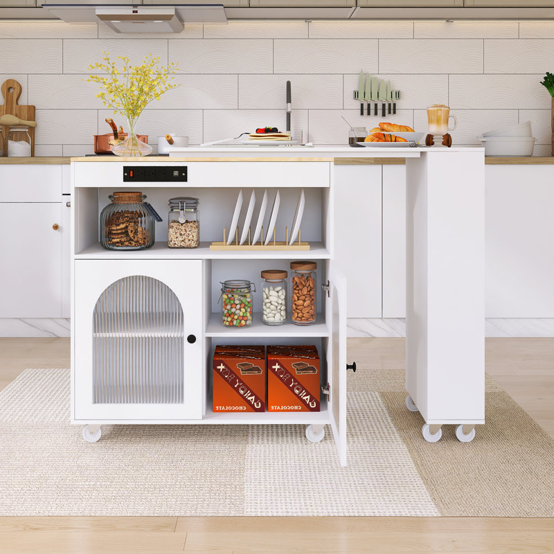 56.3" Rubber Wood Island Countertop Kitchen Cart With Power Outlets And LED Lights, White