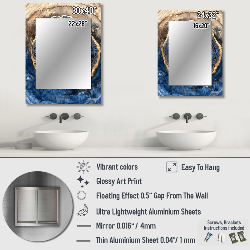 Miroir mural décoratif en cristal Aqua, 40 po x 30 po
