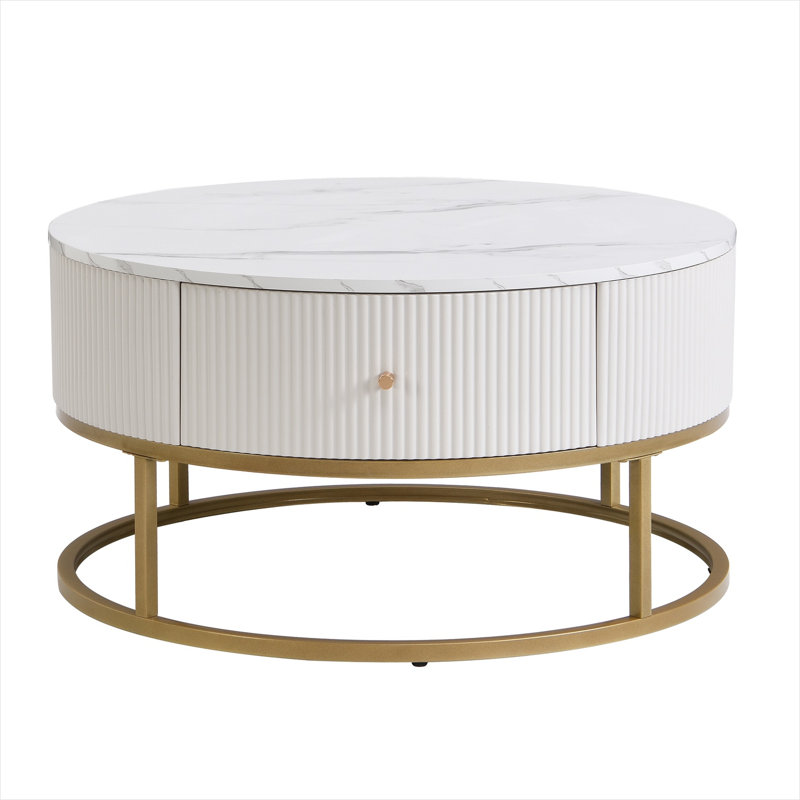 Modern Round Coffee Table with Drawers, Faux Marble Table with Storage, Coffee Table