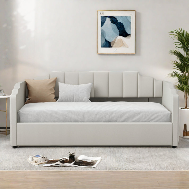 Lit de jour moderne rembourré avec plateau de rangement en dessous et motif à rayures verticales, Beige, Lit simple