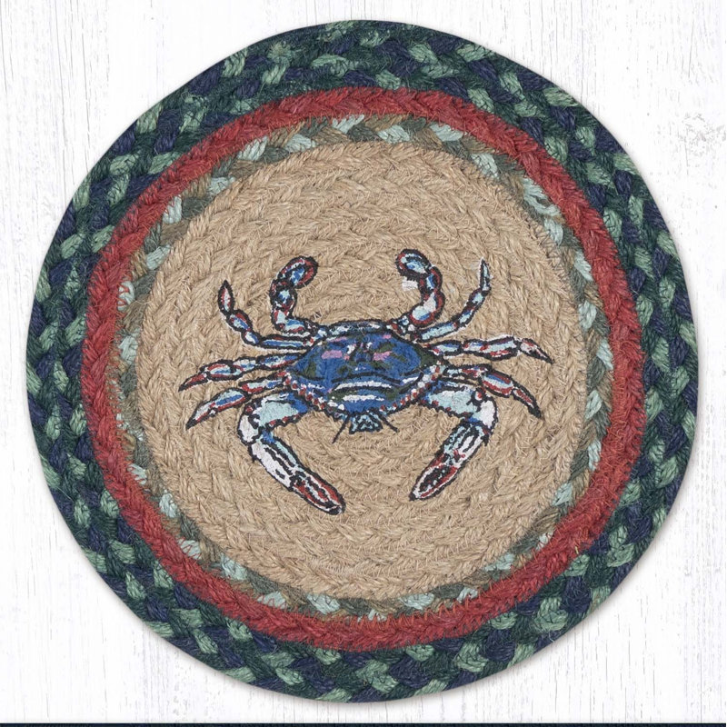  Round Trivet – Blue Crab Printed Coastal Design, 10"x10", Braided Natural Jute