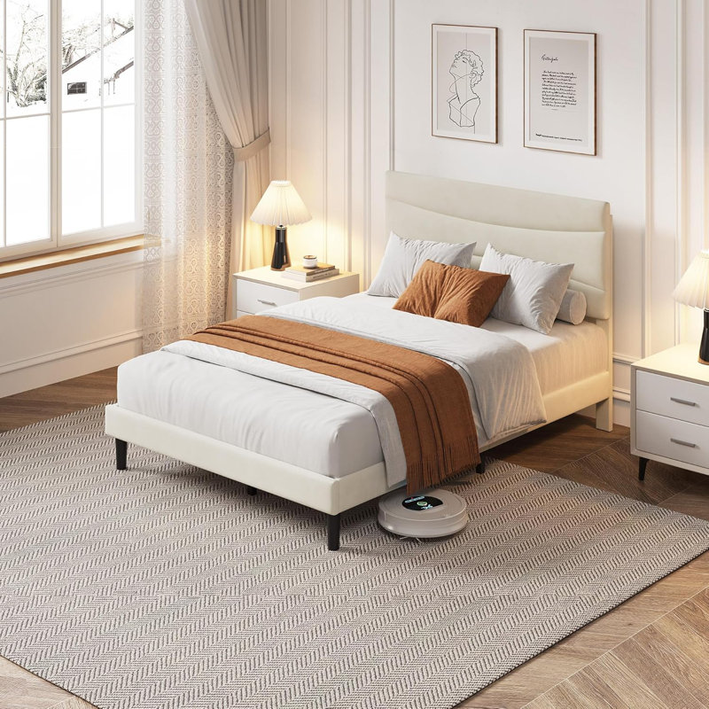 Upholstered Bed Frame with Headboard, Platform Bed with Under-Bed Storage & Wood Slats, No Box Spring Needed, Noise-Free