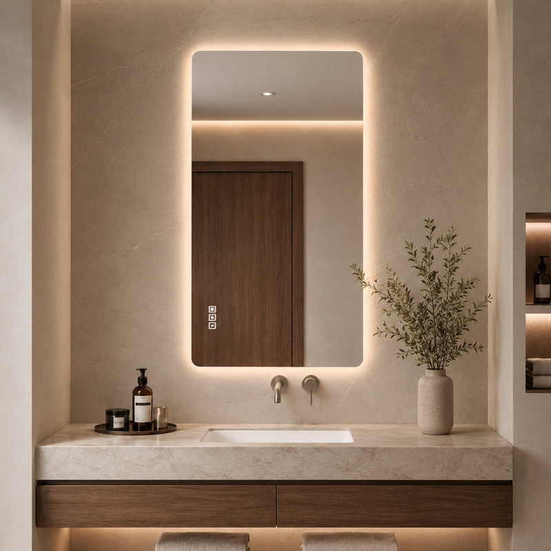 Miroir de salle de bain rétroéclairé par DEL de 122 x 61 cm (48 x 24 pouces), miroir de courtoisie rectangulaire arrondi à intensité variable avec fonction antibuée et mémoire.