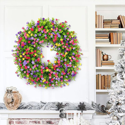 Spring Summer Wreaths for Front Door Farmhouse Colourful Cottage Artificial Eucalyptus Wreath Sping Door Wreath Flower Wreath Summer Wreath for All Season Welcome Sign Farmhouse Home Decor