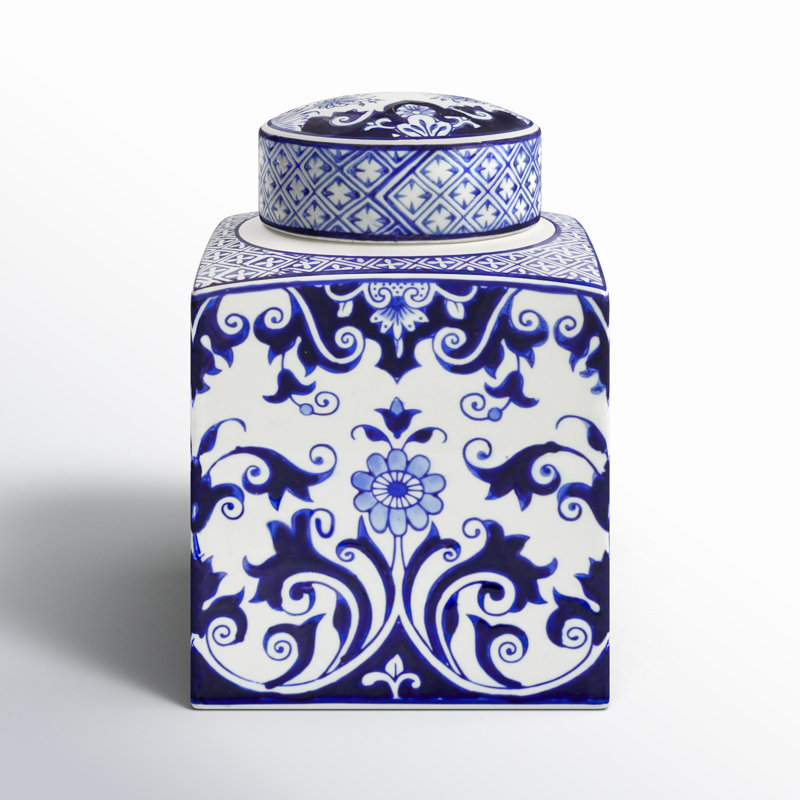 Chadwicks Decorative Square Ceramic Ginger Jar with Lid, Paisley White/Blue
