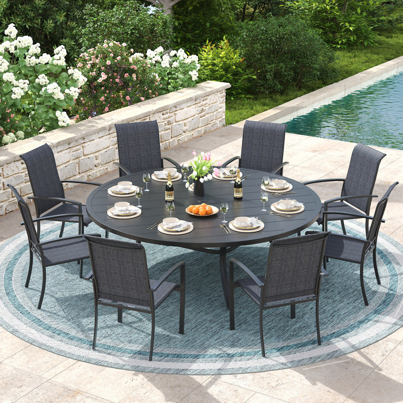 60" Round Outdoor Patio Dining Set For 8 With Stackable PVC-coated polyester Chairs, Black/Black