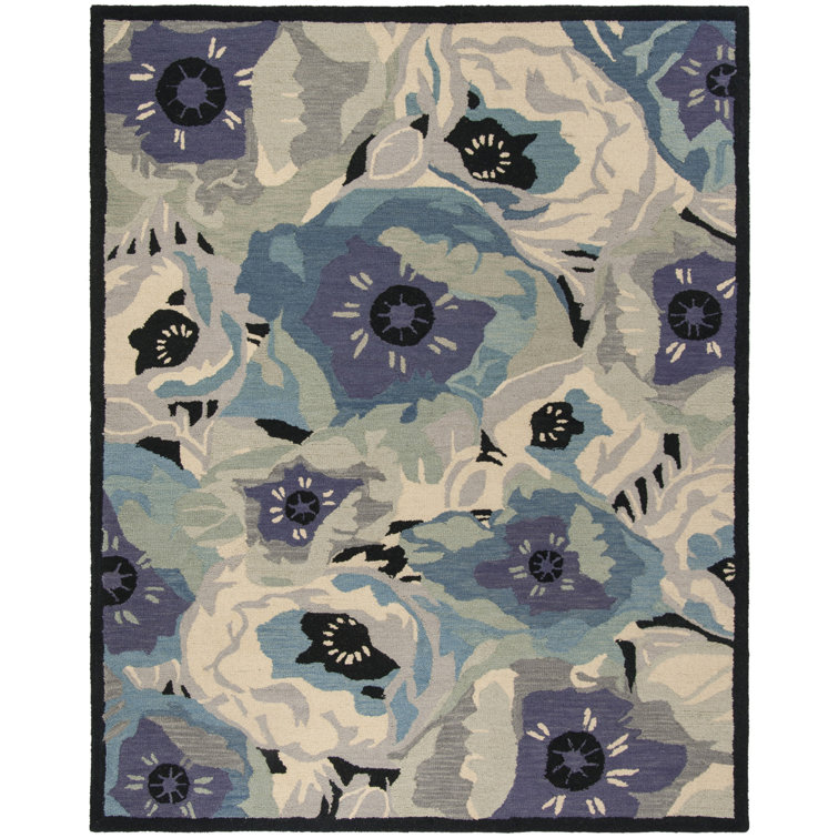 Tapis bleu / gris / beige en laine touffeté à la main Floral