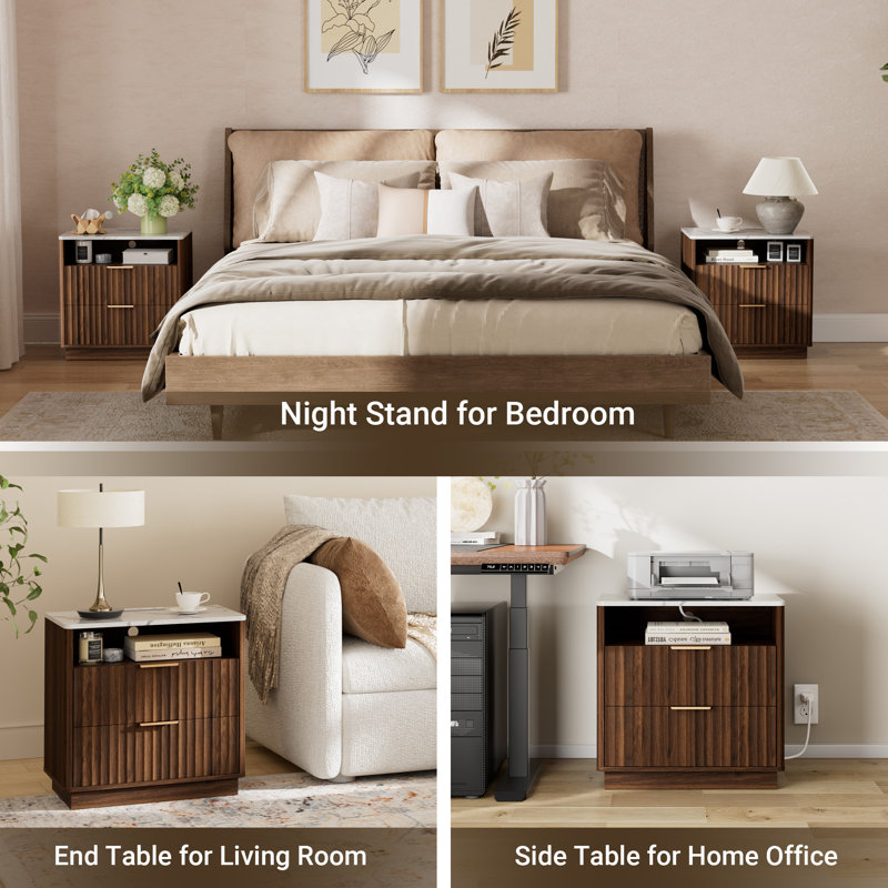 Seyla 23''W Fluted Nightstand with 2-Drawer Open Cubby, Built-In Charger Outlets, Walnut Wood Grain/White Stone, Individual