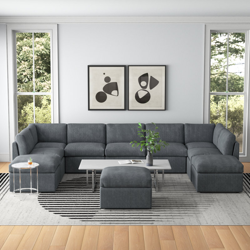 Arfsten Anagel 160'' Wide Symmetrical Modular Corner Sectional with Ottoman, Dark Gray Corduroy