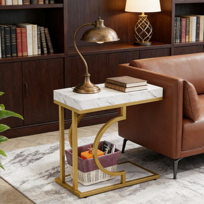 Élégante table de chevet avec plateau en faux marbre et cadre doré, 23,6 pouces de largeur, 12,05 de profondeur, hauteur, idéale pour les petits espaces, facile à nettoyer, tout espace compact, fonctionnelle