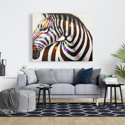 Zèbre coloré - décoration de salon en toile noire | Home Art