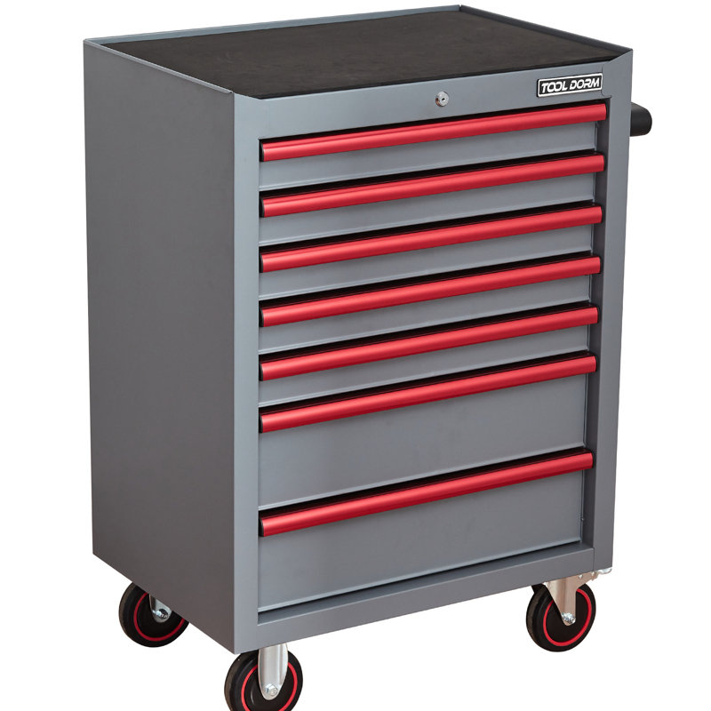 Boîte à outils roulante 26,7 pouces avec 7 tiroirs, conception en acier robuste, roues silencieuses et mécanisme de verrouillage, bleu + rouge, armoire à tiroir en carbone avec construction robuste, mouvement à 4 mouvements, système, gris-brun