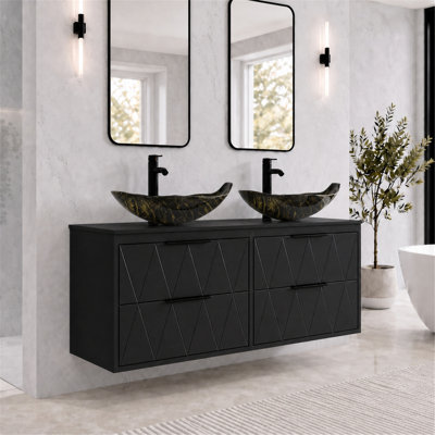 48" Wall Mounted Floating Double Bathroom Vanity with Artistic Vessel Sinks, Hand-Painted, 4 Soft-Close Drawers