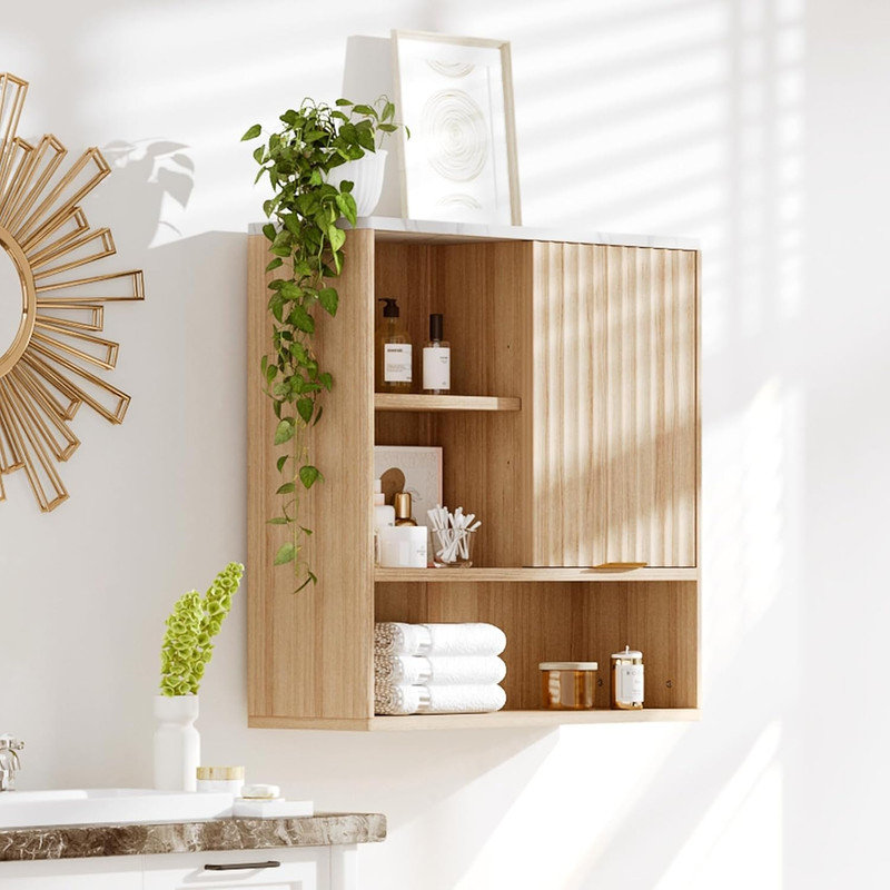 Fluted Bathroom Wall Cabinet with Sliding Door, Faux Marble Top & Adjustable Shelf