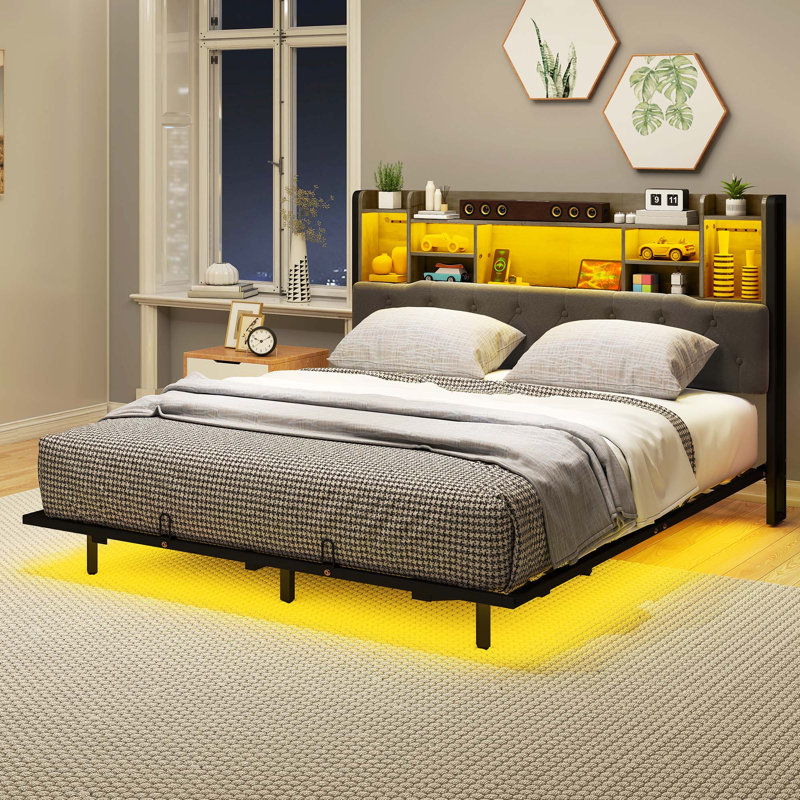  Bed Frame with Charging Station & Storage Headboard, No Box Spring Needed, European Kingsize (160 x 200 cm)