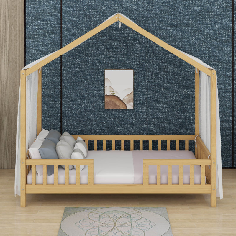Twin Bed Frame With High Railings, Natural, Twin