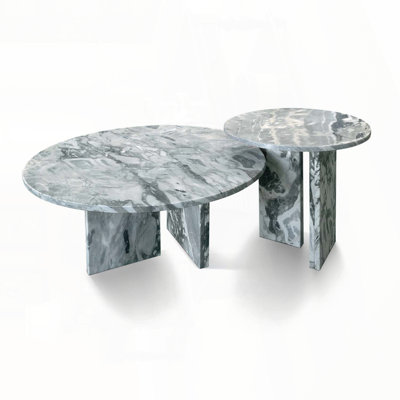 2-Piece Round Nesting Coffee Table Set – Blue Gray Natural Marble