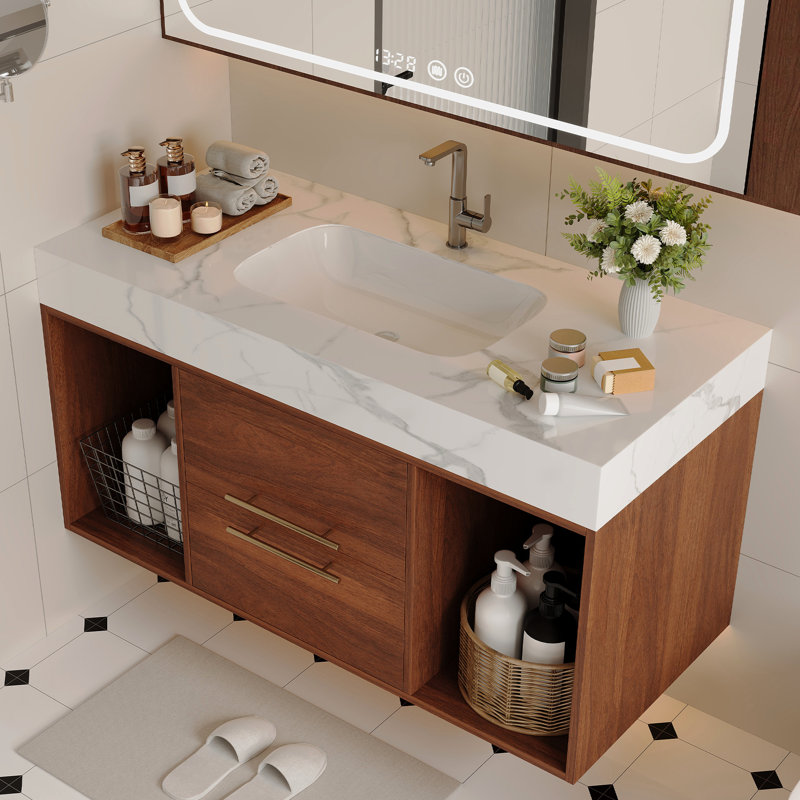 Meuble-lavabo mural flottant de 39,4 po avec lavabo en céramique, 2 tablettes ouvertes, pierre frittée blanche, conception moderne pour une utilisation de l'espace