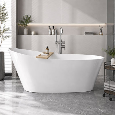 59" Acrylic Single Slipper Freestanding Bathtub, Elegant High-Back Deep Soaking Tub with Slotted Overflow and Center Drain, Multiple Colors Available