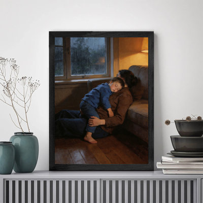 Décoration murale moderne noir encadrée, femme et enfant, canapé-lit, image encadrée en bois massif noir