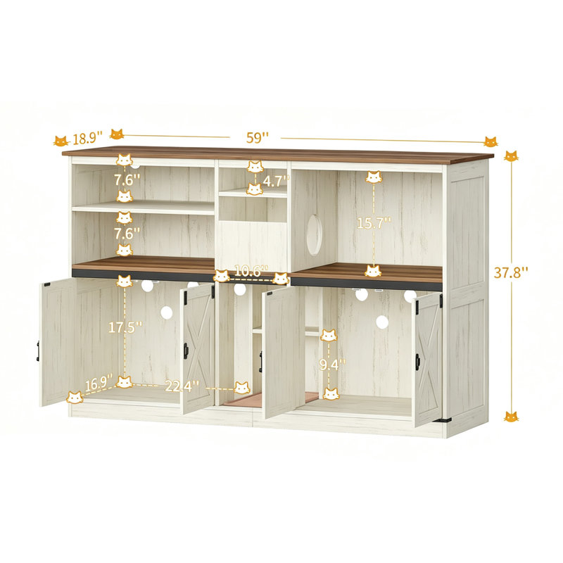Enceinte de litière pour 2 chats, armoire à chat avec grand espace de rangement, litière cachée avec bloc-notes, maison de ferme, table de bout de meuble télé, brun rustique et blanc