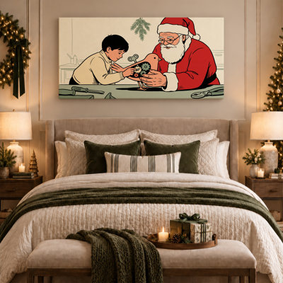 Art mural rétro sur toile, père Noël et garçon réparant Noël