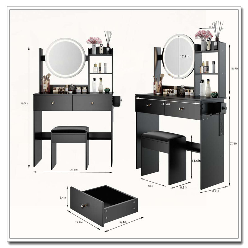 Round LED Mirror Vanity Table with Cushioned Stool, 2 AC+2 USB Sockets, Big Mirror, Touch Switch, 3 Light Colors, Adjustable Brightness