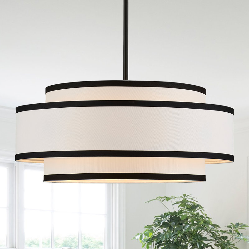 Lustre tambour 4 lumières en lin moderne, Noir mat, 3 niveaux, Quatre lumières