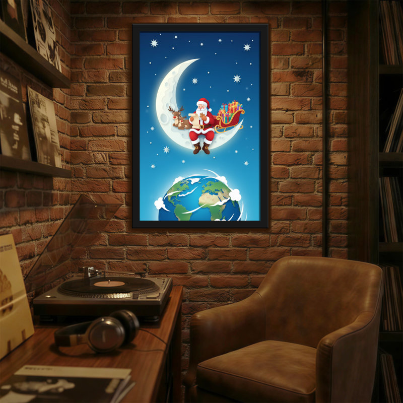 Père Noël sur la lune avec la terre en dessous, H 24 po x l 16 po