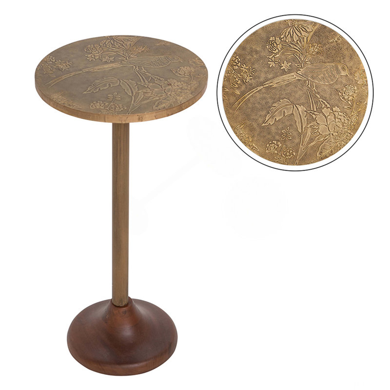 Table d'appoint mince en laiton 11,8 x 11,8 x 24 po avec plateau texturé doré et base en bois
