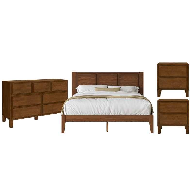 Ensemble de chambre à coucher Knighten, Grand lit, Ensemble de quatre pièces : lit, deux tables de c, Noyer foncé
