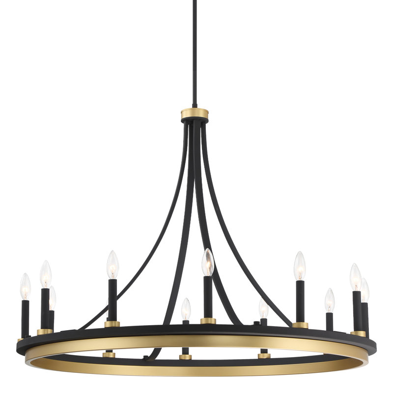 Marconi 12-Light Dimmable Wagon Wheel Chandelier, Black Smith/Brass Dust