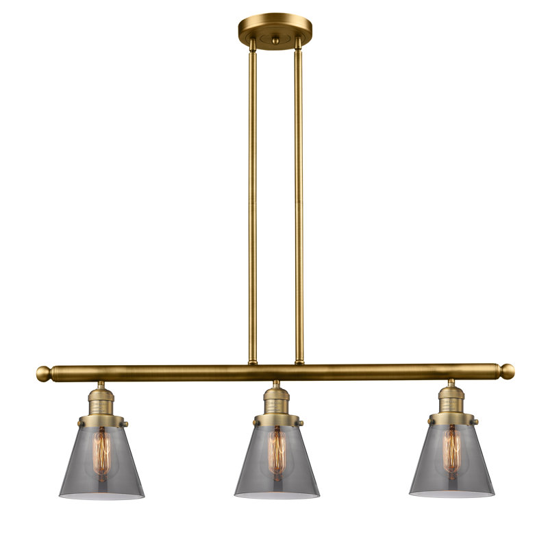 Cone 3 Light Stem Hung Island Light, Smoked, 36" H x 36" W x 5" D, Brushed Brass