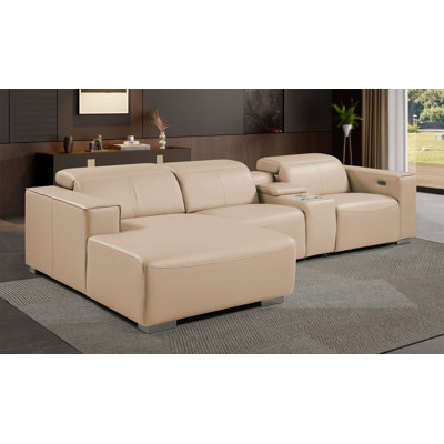 Canapé modulaire en L en cuir véritable 4 pièces beige avec 2 fauteuils inclinables et appuis-tête réglables