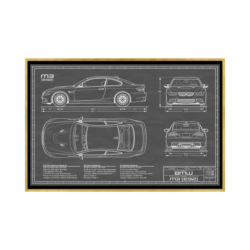BMW M3 (l) noir-imprimé de dessin, Pas de tapis, H 32 po x l 48 po x 1,5 po, Toile encadrée d'or