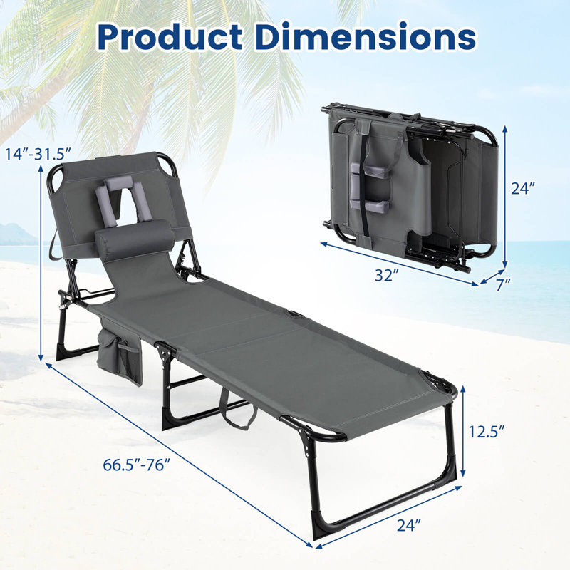 Fauteuil de bronzage, méridienne portable avec dossier réglable à 4 positions gris, Gris
