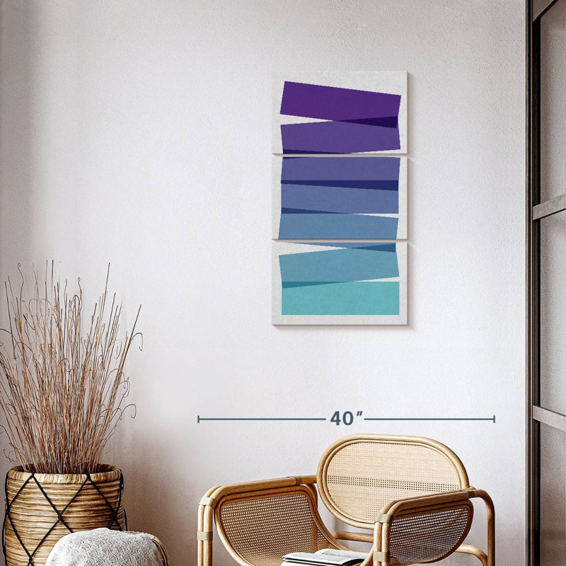 Ensemble de 3 pièces abstraites à motif géométrique abstrait sur toile par Jonathan A., H 38 po x l 18 po x P 1,25 po