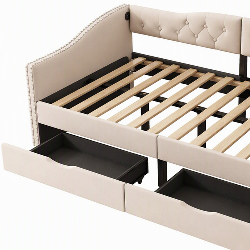 Lit de jour rembourré avec tiroirs de rangement, taille simple en bois, aucun sommier nécessaire, gris élégant