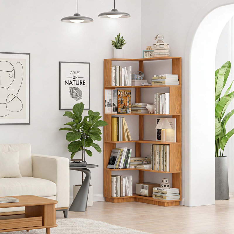5-Tier L-Shaped Corner Bookshelf for Efficient Storage, Dark Oak