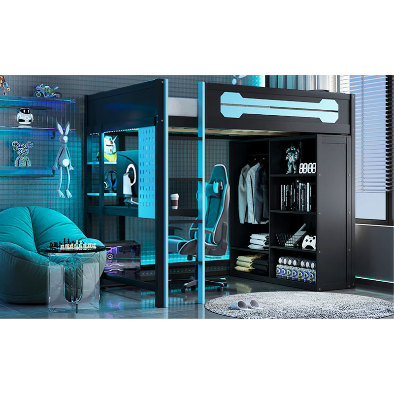 Lit mezzanine double en bleu, bureau, garde-robe ouverte, luminaire intégré, coffre-fort, pour dormir, bureau et jouer, Blue