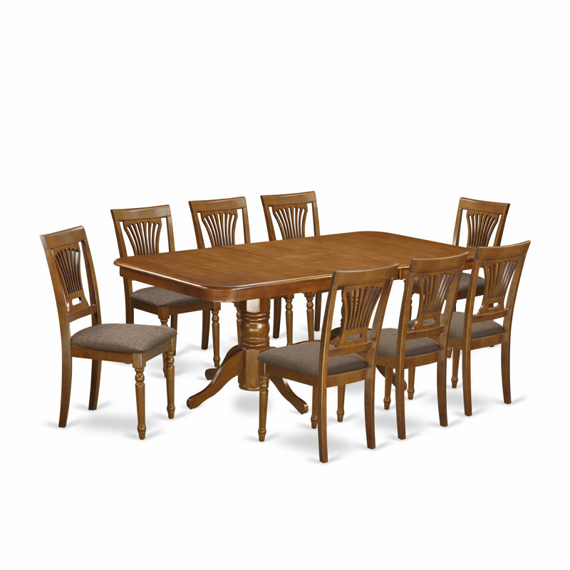 L'ensemble 9 pièces comprend une table de salle à manger rectangulaire avec rallonge papillon et 8 chaises en lin, brun selle