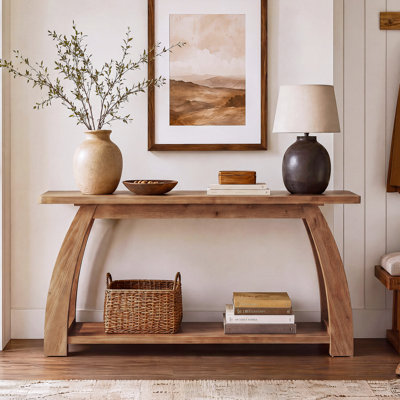 Console en bois massif de 160 cm, table d'entrée de style champêtre avec rangement ouvert à 2 niveaux