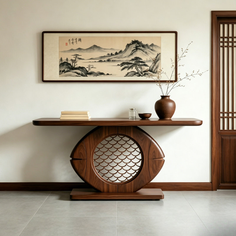 Console en bois de style médiéval, 35.4" H x 62.9" W x 15.7" D