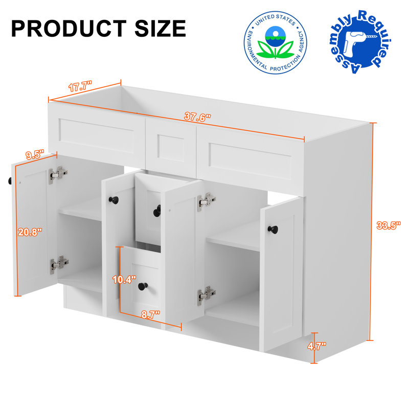 Base de meuble-lavabo double 48 po seulement, sans comptoir, assemblage requis, Blanc