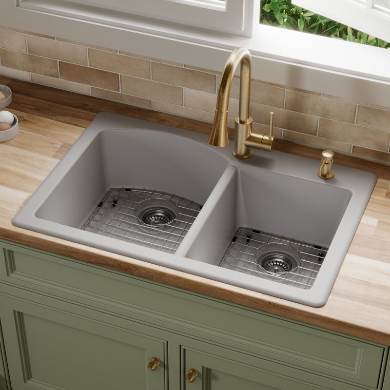 Ensemble d'évier de cuisine à double cuve à montage sur le dessus 60/40 Karran Quartz 33 "X 22", Gris