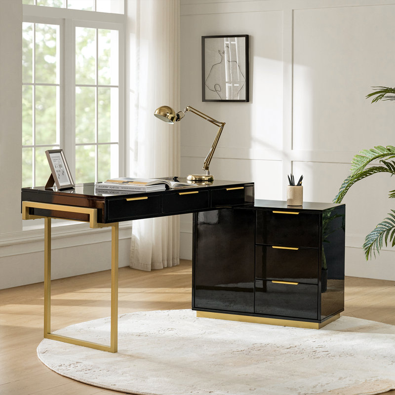 Raimund Glam 6-Drawer L-Shaped Desk with Cable Management Power Outlets and Adjustable Shelf, Black